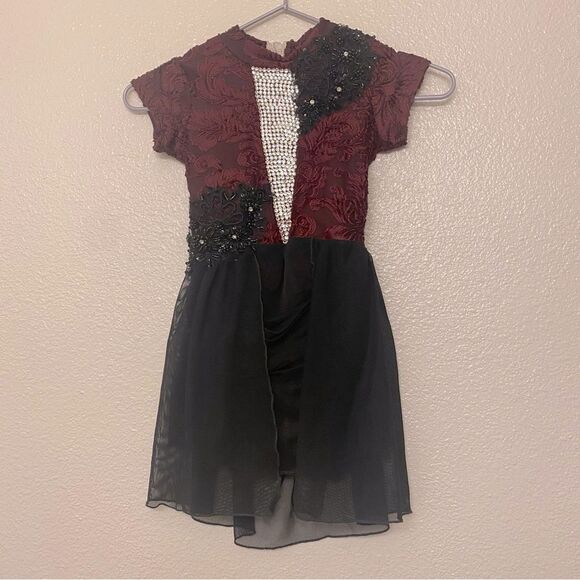 Custom solo Dance Costume burgundy velvet burnout rhinestoned dress IC/MC - Picture 3 of 12